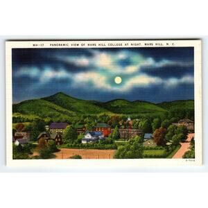 Mars Hill College At Night by Moon Campus North Carolina Linen Postcard Unused